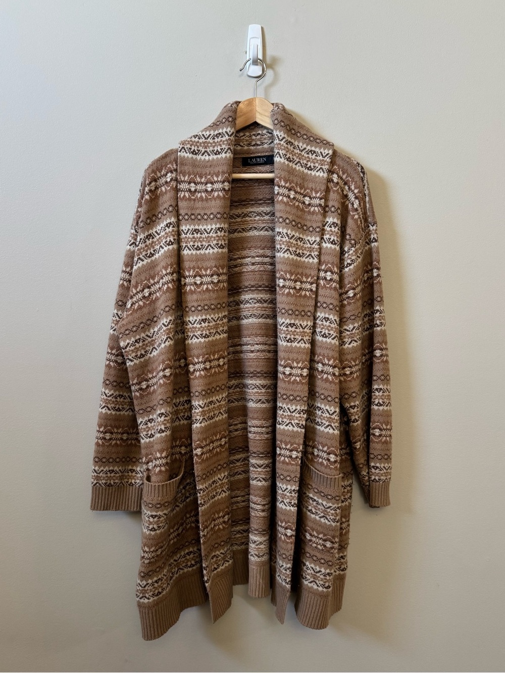 LAUREN Ralph Lauren Fair Isle knit longline cardigan sweater beige - no belt